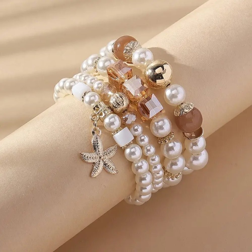 Chic White Pearl & Crystal Stretch Bracelets Nautical Beachy Vacation Jewelry - Picture 2 of 9